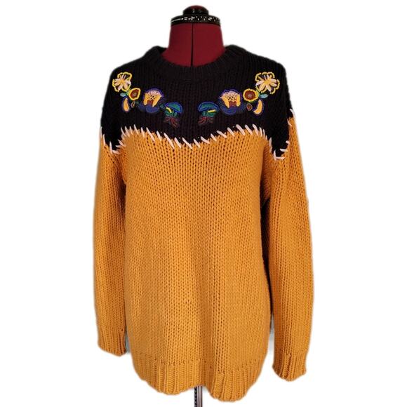 Zara Yellow & Navy Color Block Beaded Embroidered Oversized Chunky Sweater sz S - Picture 3 of 8